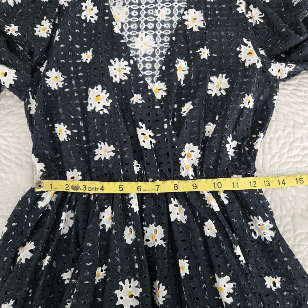 MAJE Rayom Daisy Print Eyelet Dress Black White Long Sleeve Crossover V-Neck - Picture 7 of 10